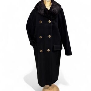 VTG Wool Trench Coat Women M Black Fur Lined & collar Brass Queen Elizabeth Btn